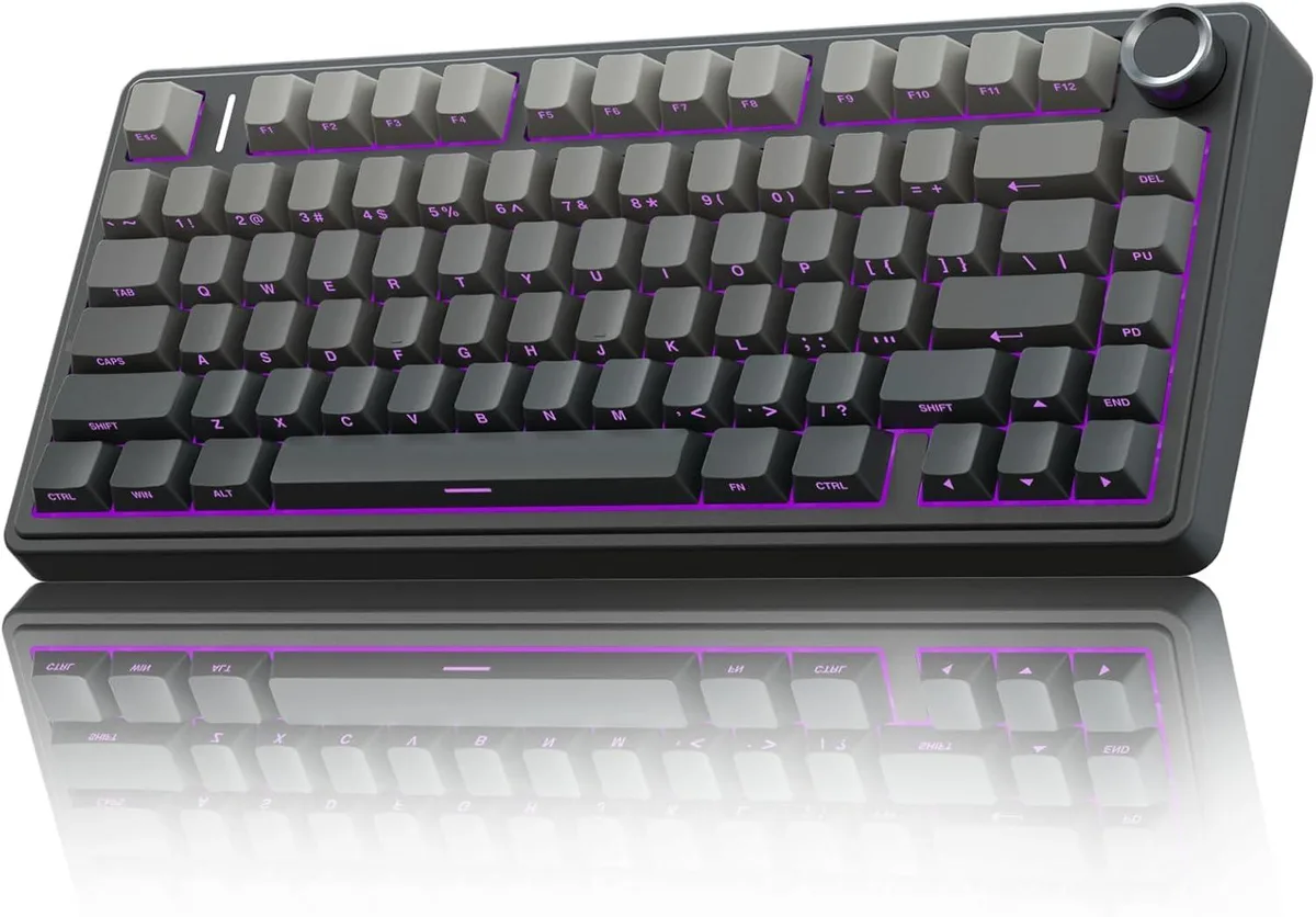 Compact 75% wireless mechanical keyboard with side-printed PBT keycaps, gasket mount, and tri-mode connectivity