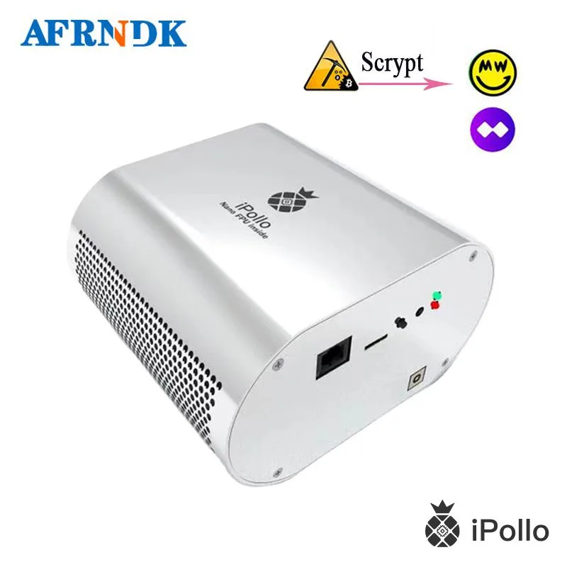Compact beige mining box with Ethernet port and integrated power supply, 78 by 148 by 158 millimetres