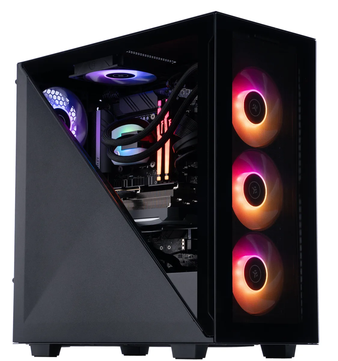 Black mid-tower gaming PC with RGB liquid cooling visible through glass side panel