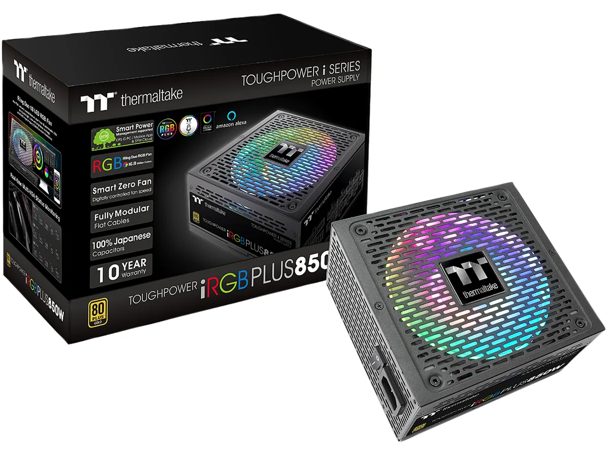 Rectangular ATX power supply with black finish and 140mm RGB fan visible