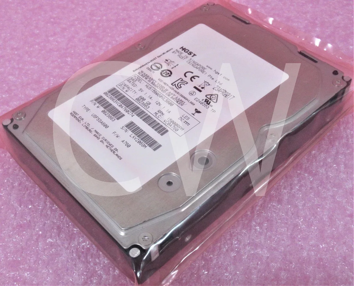 Silver 3.5 inch SAS hard drive with label showing model HUS156060VLS600 600GB 15000RPM 64MB cache