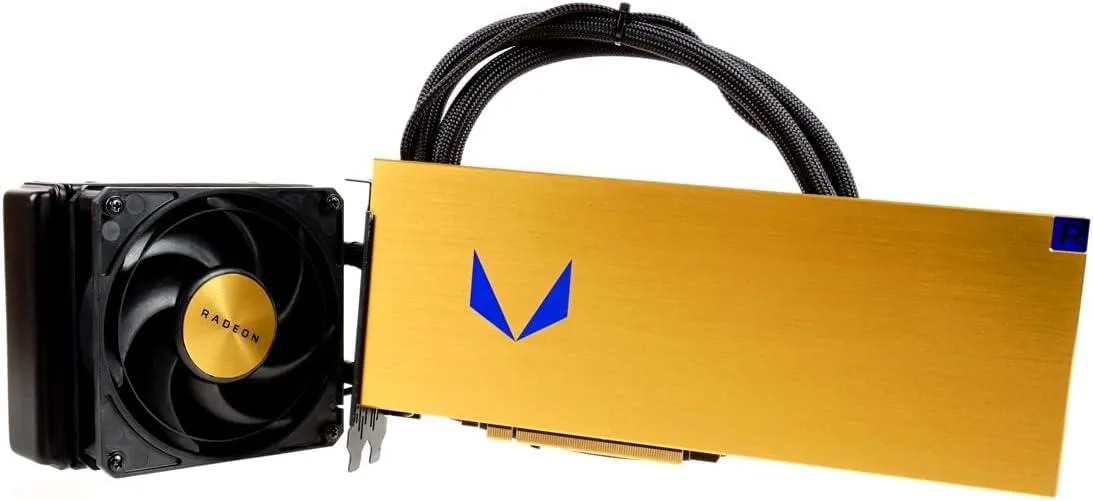 AMD Radeon RX Vega 64 Frontier Edition liquid-cooled graphics card with closed-loop cooler and metal shroud