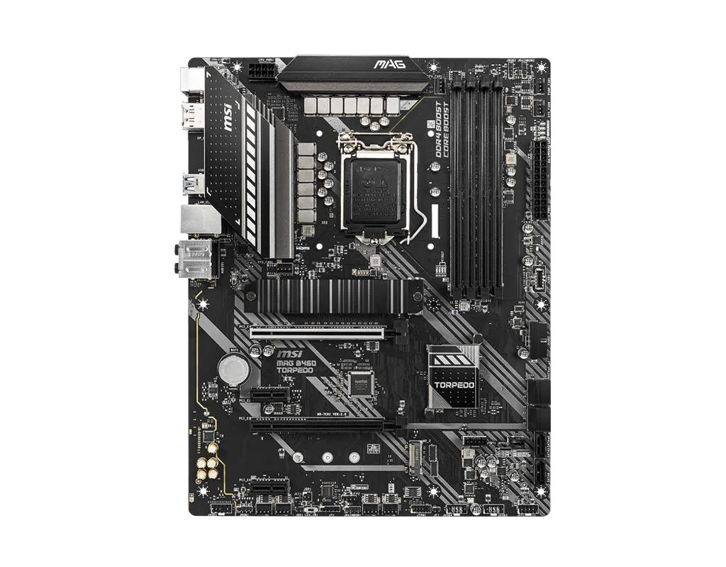 ATX motherboard with black PCB and silver heatsinks, I/O shield included