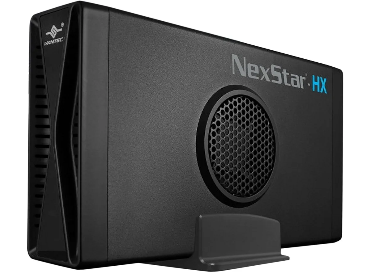 Black aluminium and ABS enclosure for a 3.5 inch SATA drive with a 60mm fan and vertical stand