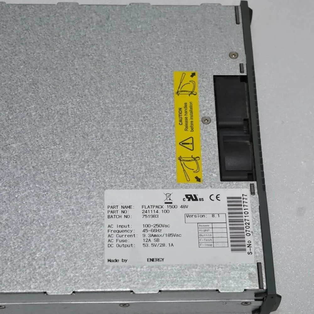 Rectangular silver power supply module with front handle and ventilation slots