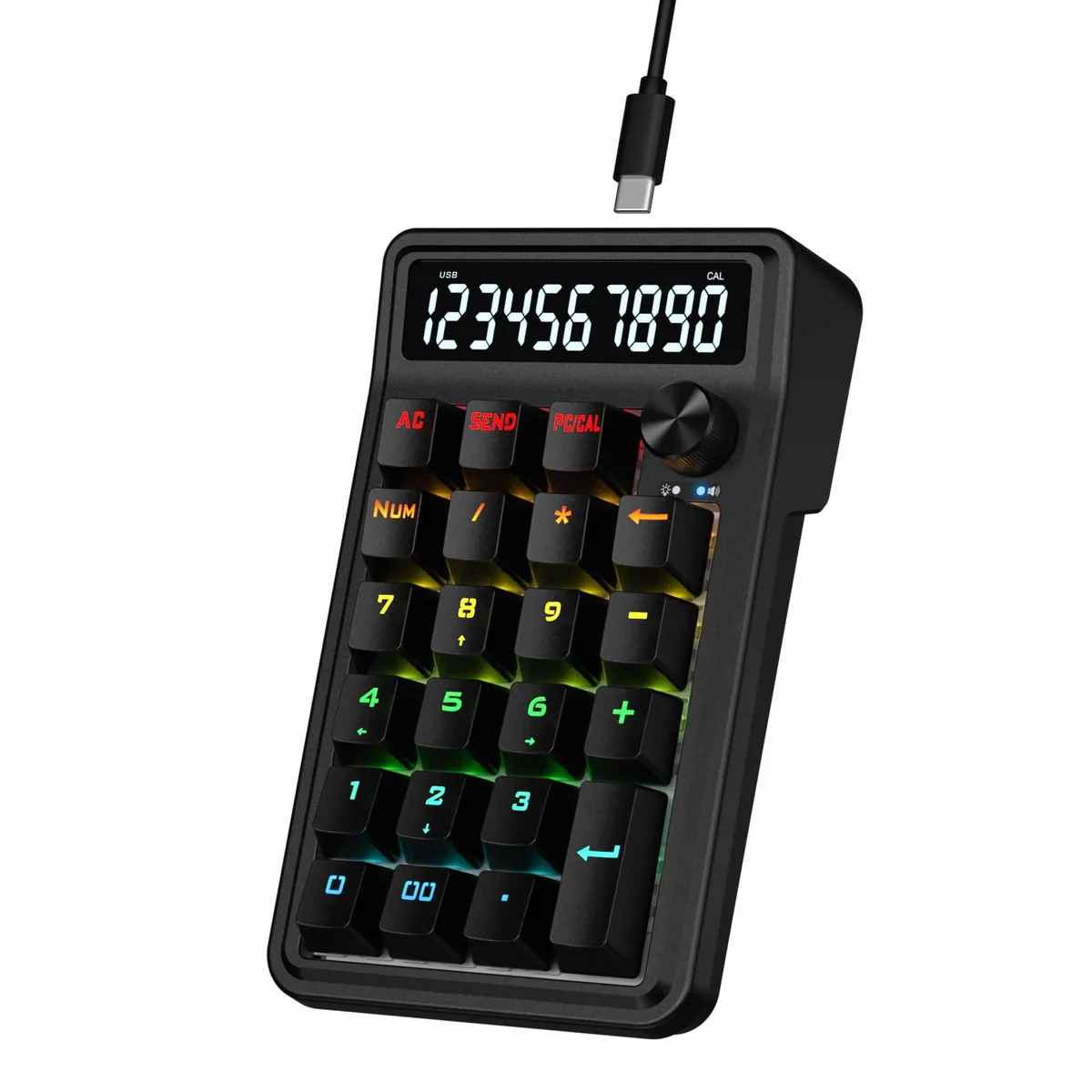 Black 22-key mechanical numpad with rotary knob and 10-digit calculator display