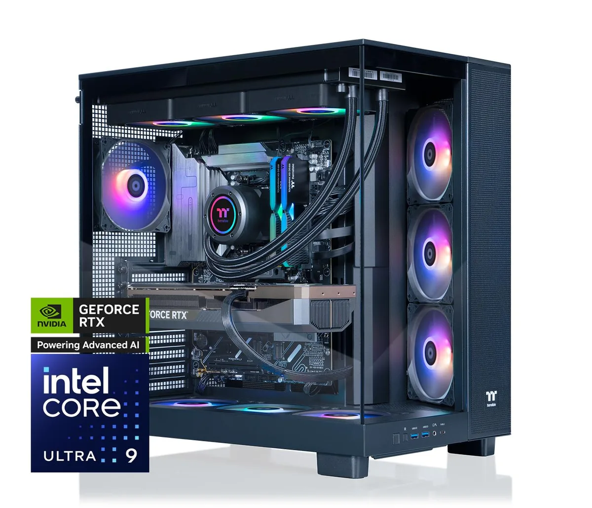 Black full-tower gaming desktop with transparent side panel and 360mm ARGB liquid cooler visible inside