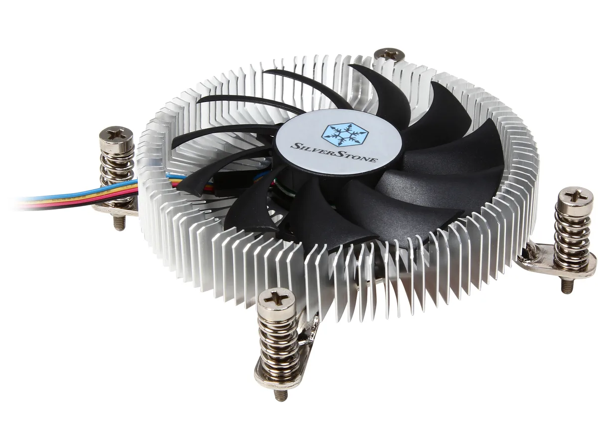 Square low-profile copper-centre cooler with black 80mm fan, 23mm tall