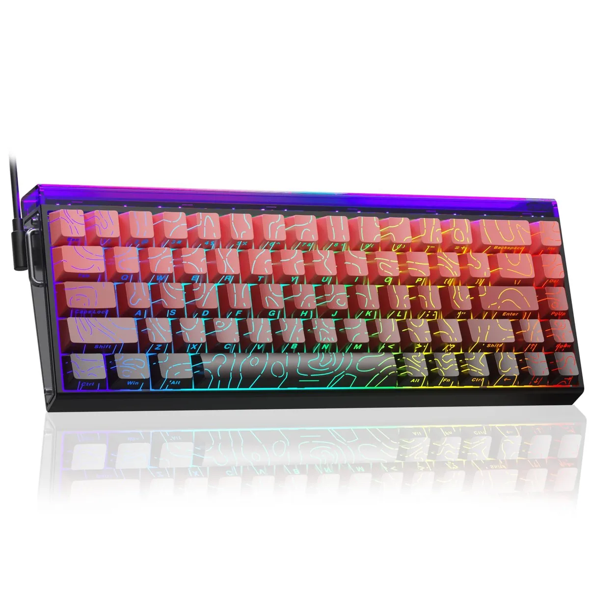 Compact 60% wired keyboard in black and red with side-printed PBT keycaps and RGB light box