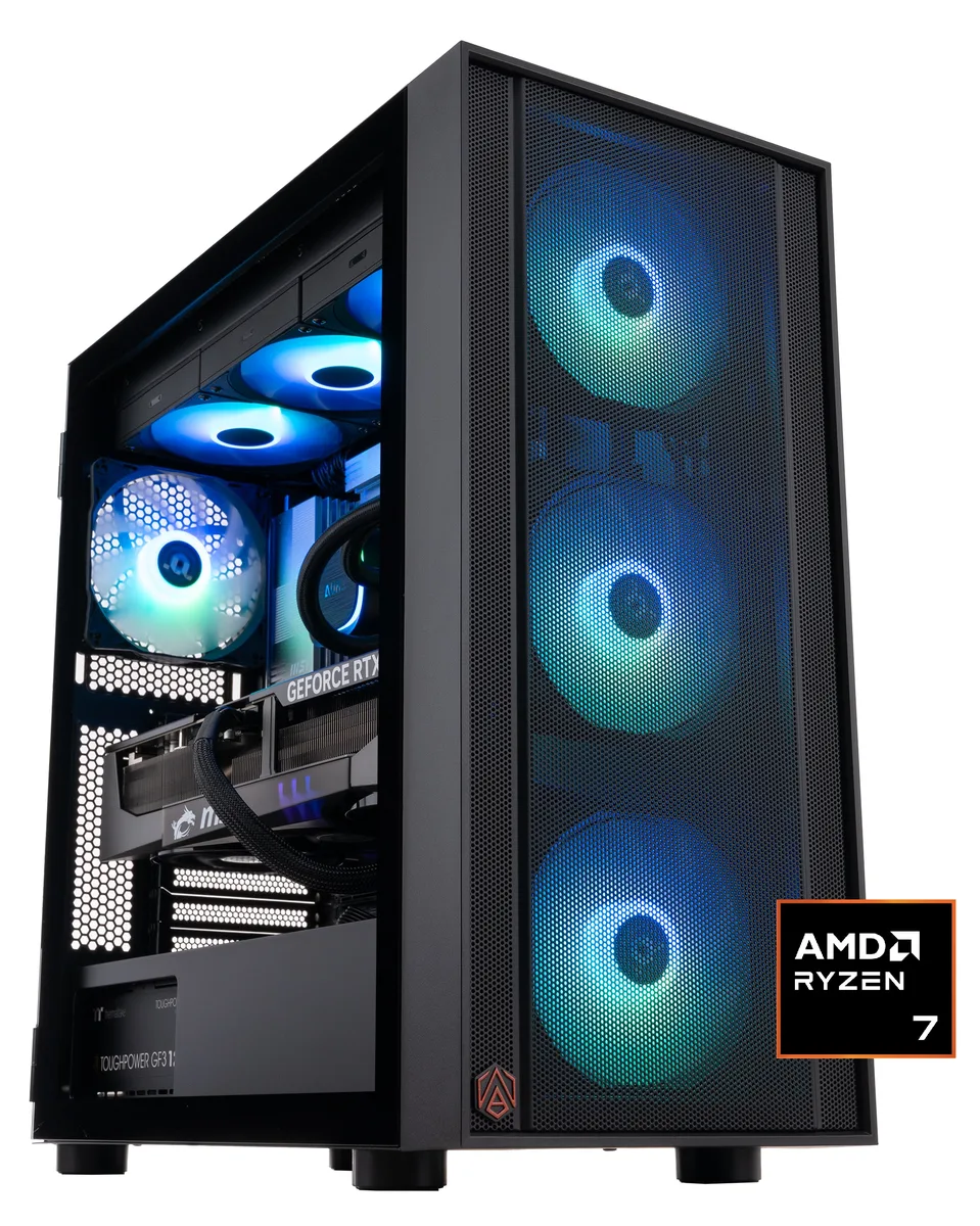 Refurbished black mid-tower gaming desktop with RGB liquid cooling