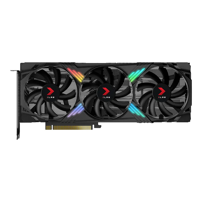 Black triple-fan graphics card with silver backplate and 16-pin power connector