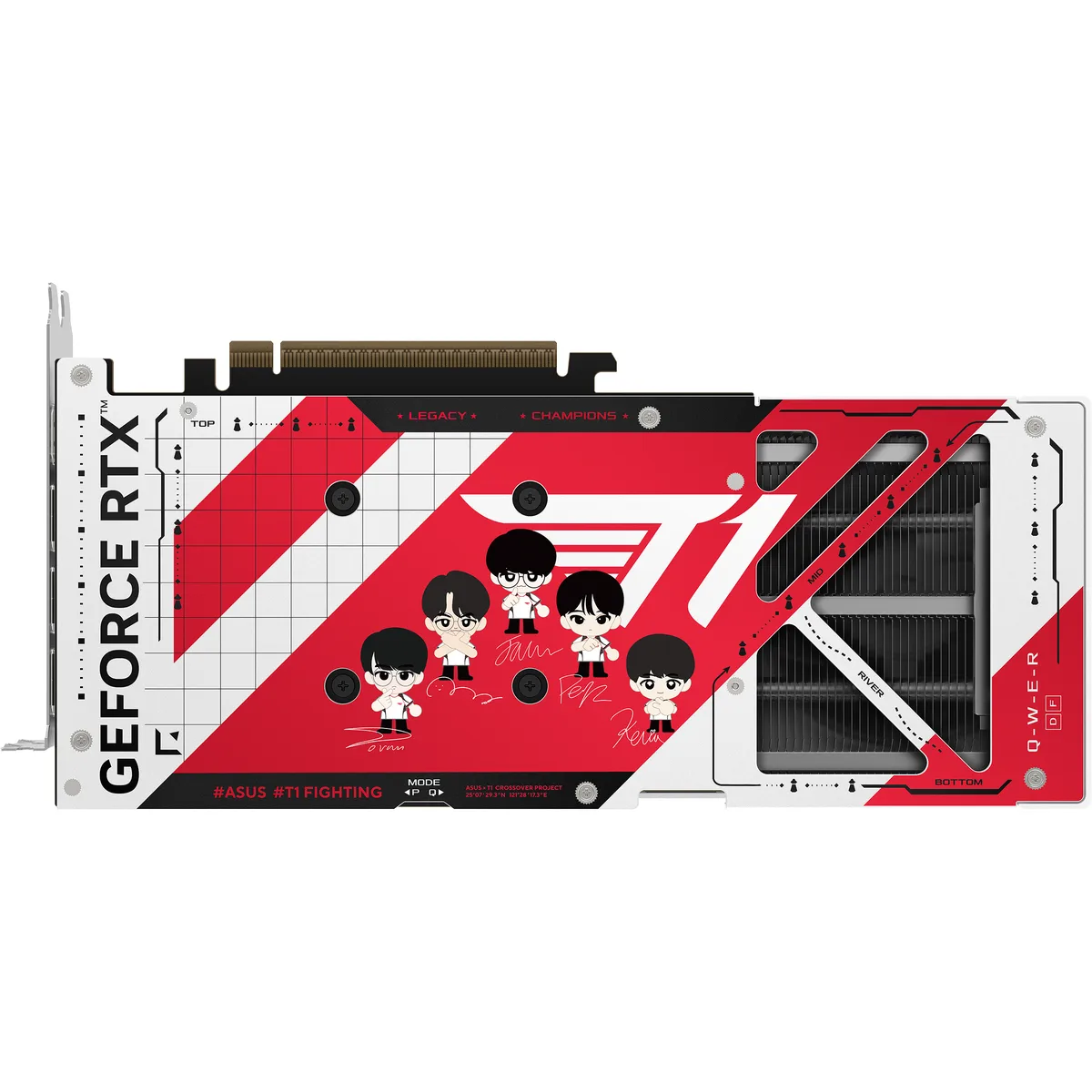 White and red graphics card with three fans and a metal backplate