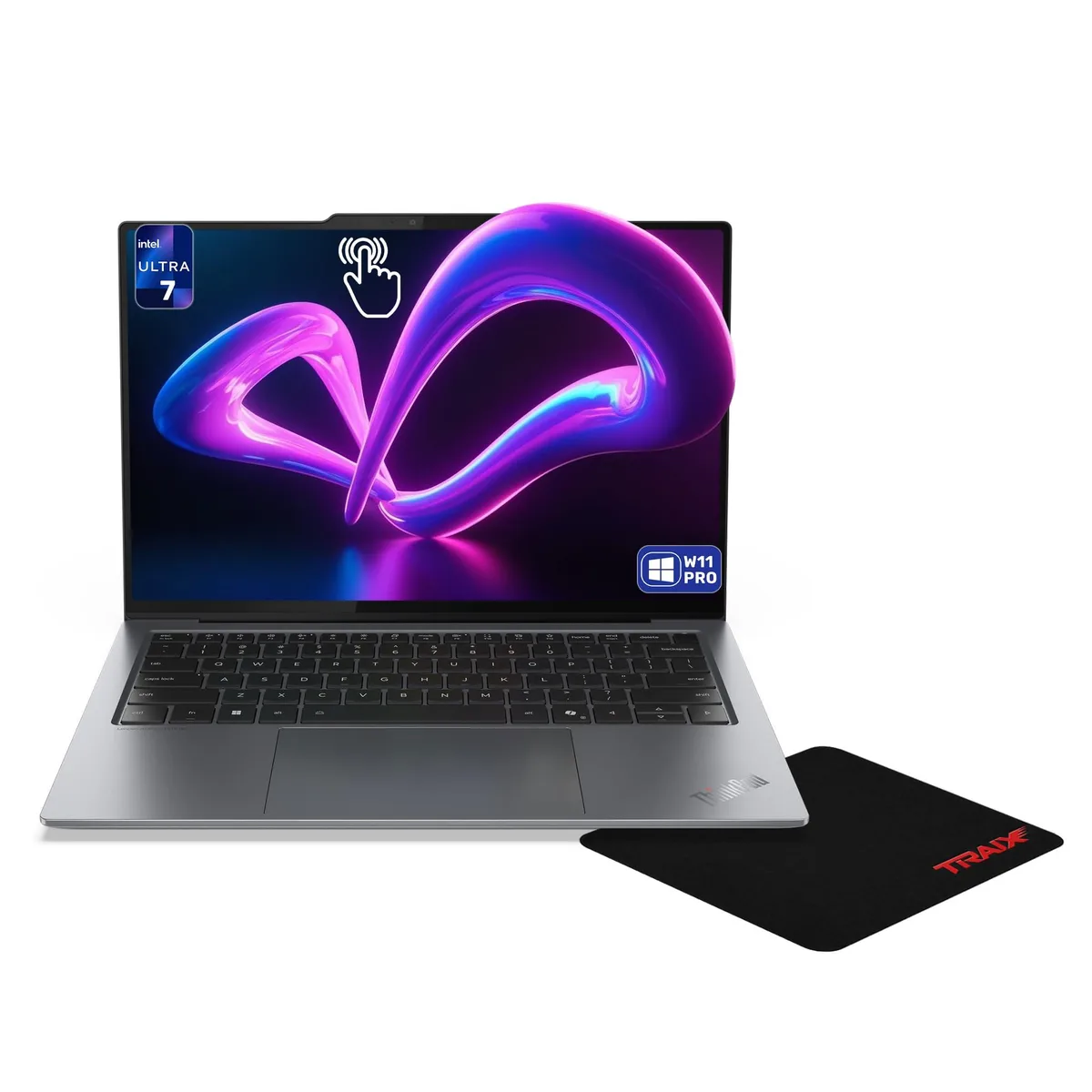 Grey 14-inch aluminum laptop with 2.8K OLED touchscreen and backlit keyboard
