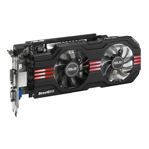 Dual-fan graphics card, silver shroud, exposed copper heatpipes, metal backplate, PCIe gold fingers