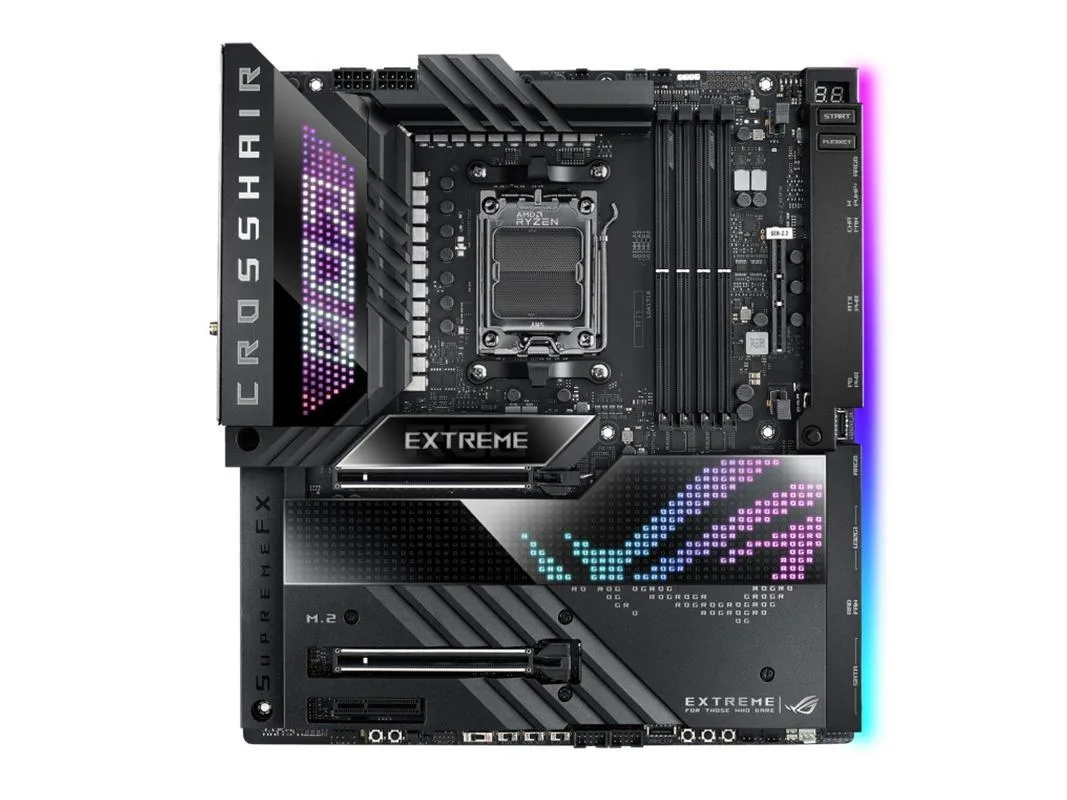 ASUS ROG Crosshair X670E Extreme E-ATX motherboard in black with metallic heatsinks and rear I/O shield