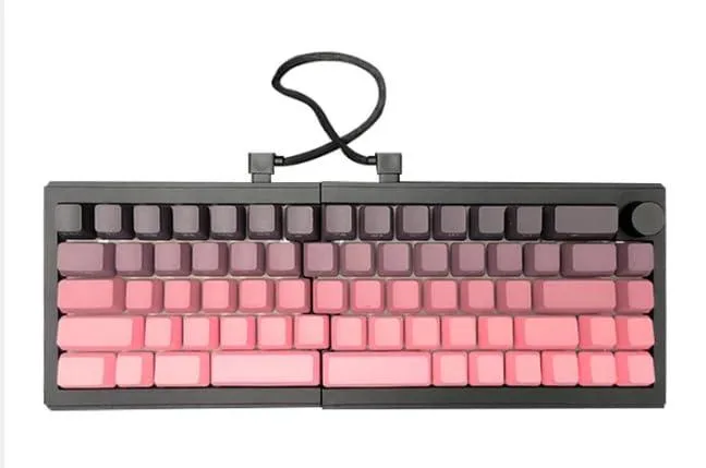 Pink and purple split mechanical keyboard with 68 keys and rotary knob