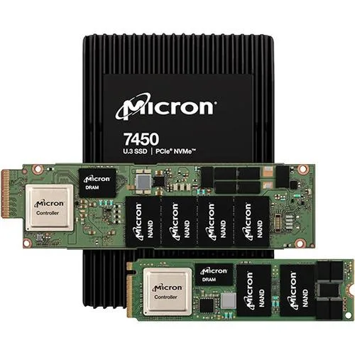 Rectangular U.3 NVMe 4.0 SSD with silver label showing Crucial 7450 MAX 3.20 TB