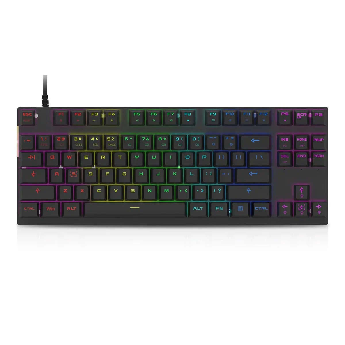 Compact 87-key mechanical keyboard in black with RGB backlighting and aluminium keycaps
