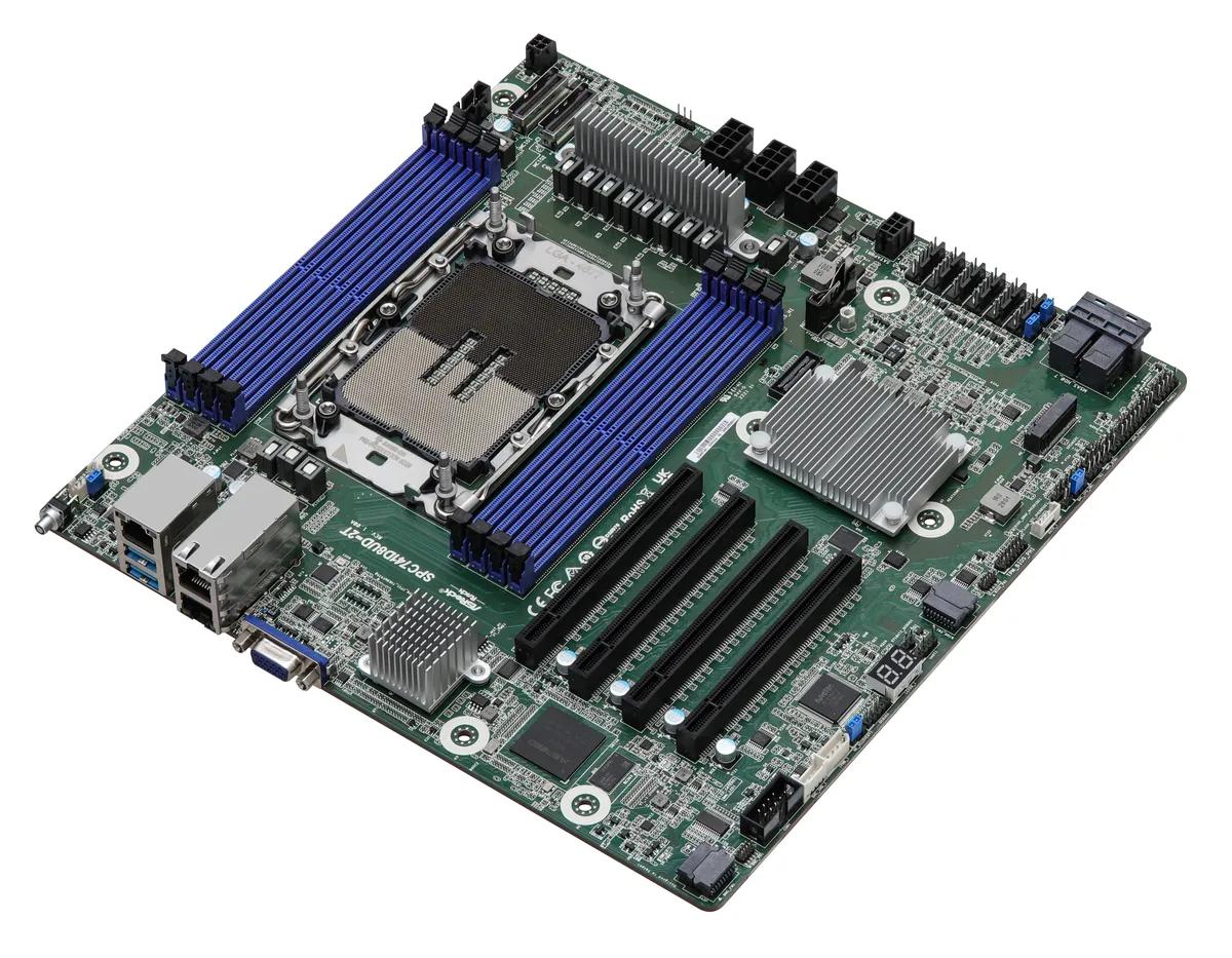 Deep Micro-ATX server motherboard with LGA 4677 socket, eight DDR5 slots, four PCIe 5.0 x16 slots, dual 10G LAN ports, green PCB