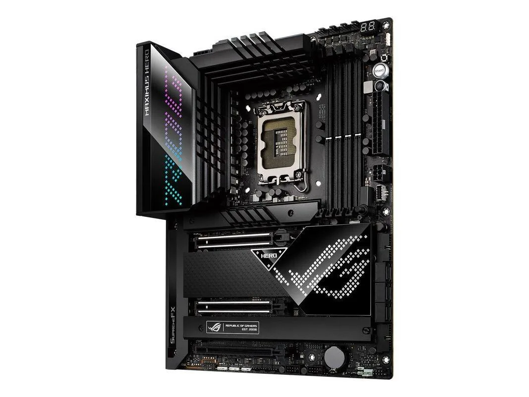 Black rectangular ATX motherboard with silver heatsinks and CPU socket visible