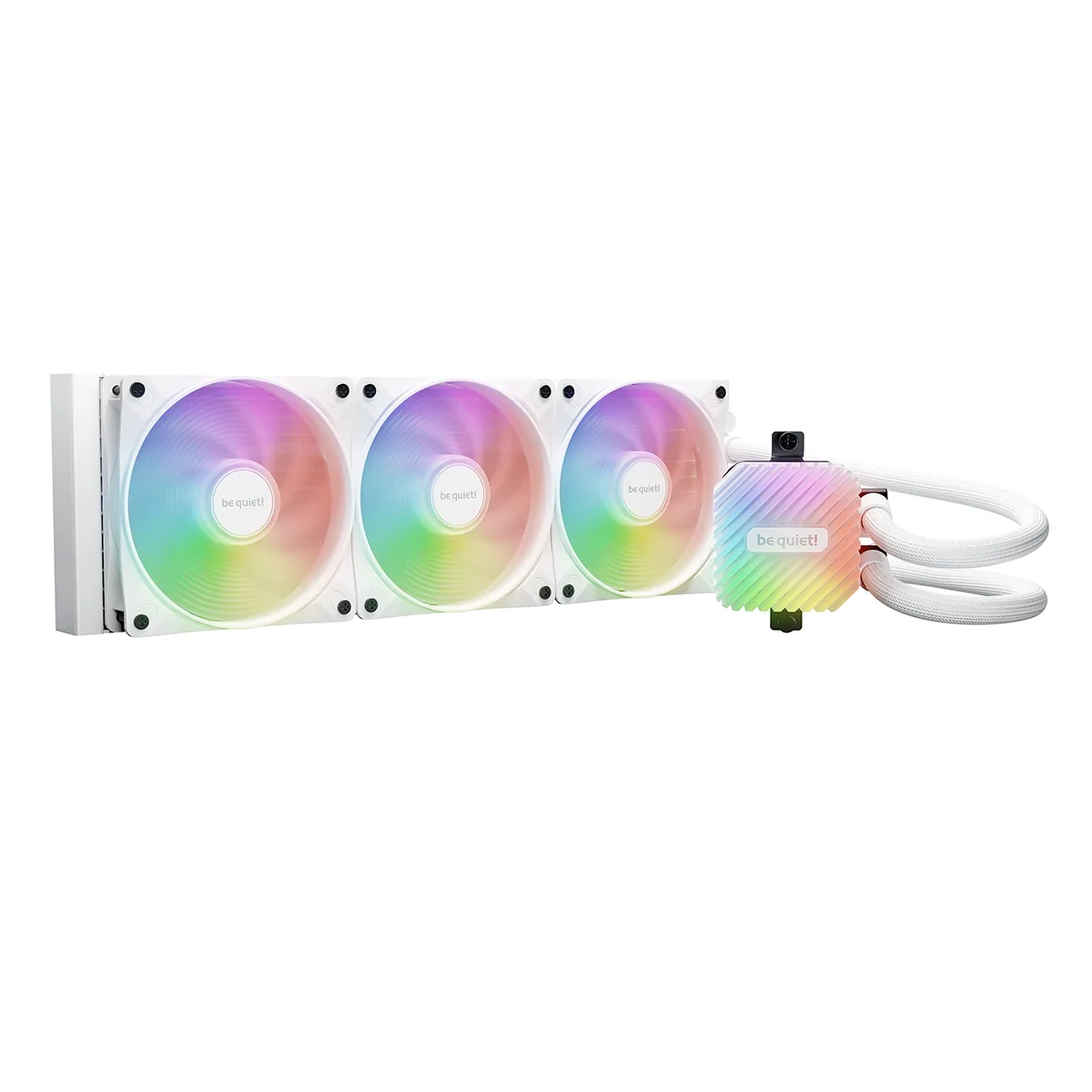 White 360mm liquid cooler with three white 120mm ARGB fans and square white pump block with ARGB lighting