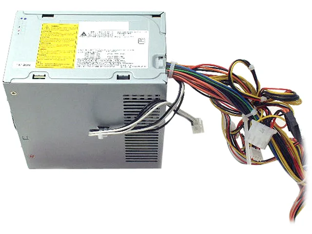 Grey metal rectangular PSU unit with fan grille and power socket
