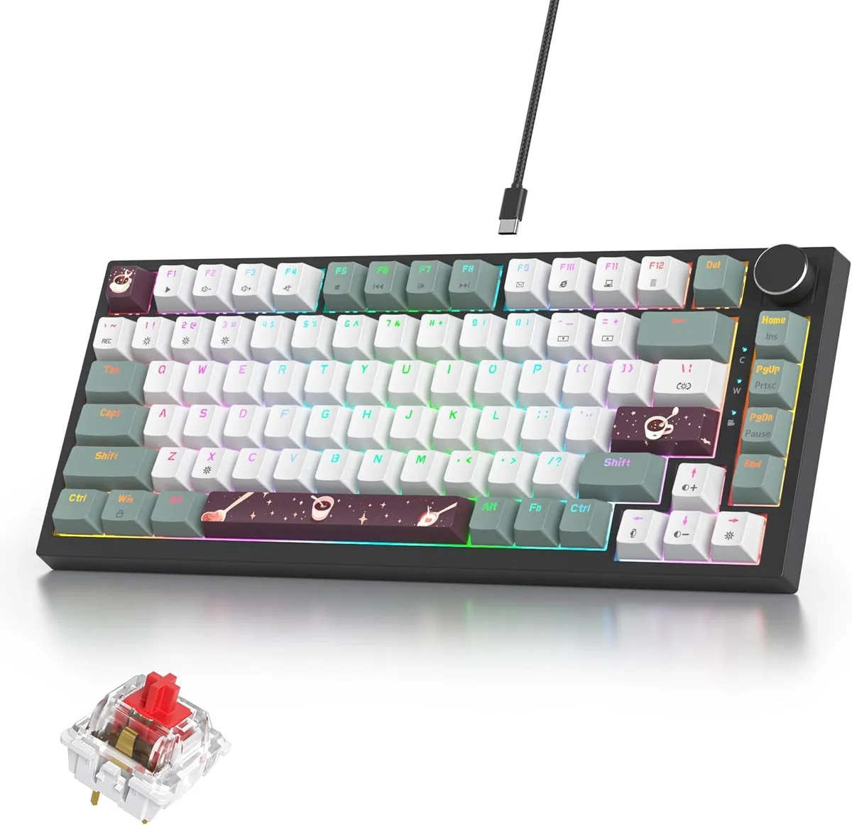 Compact 75 percent mechanical keyboard in green and white with volume knob and PBT keycaps