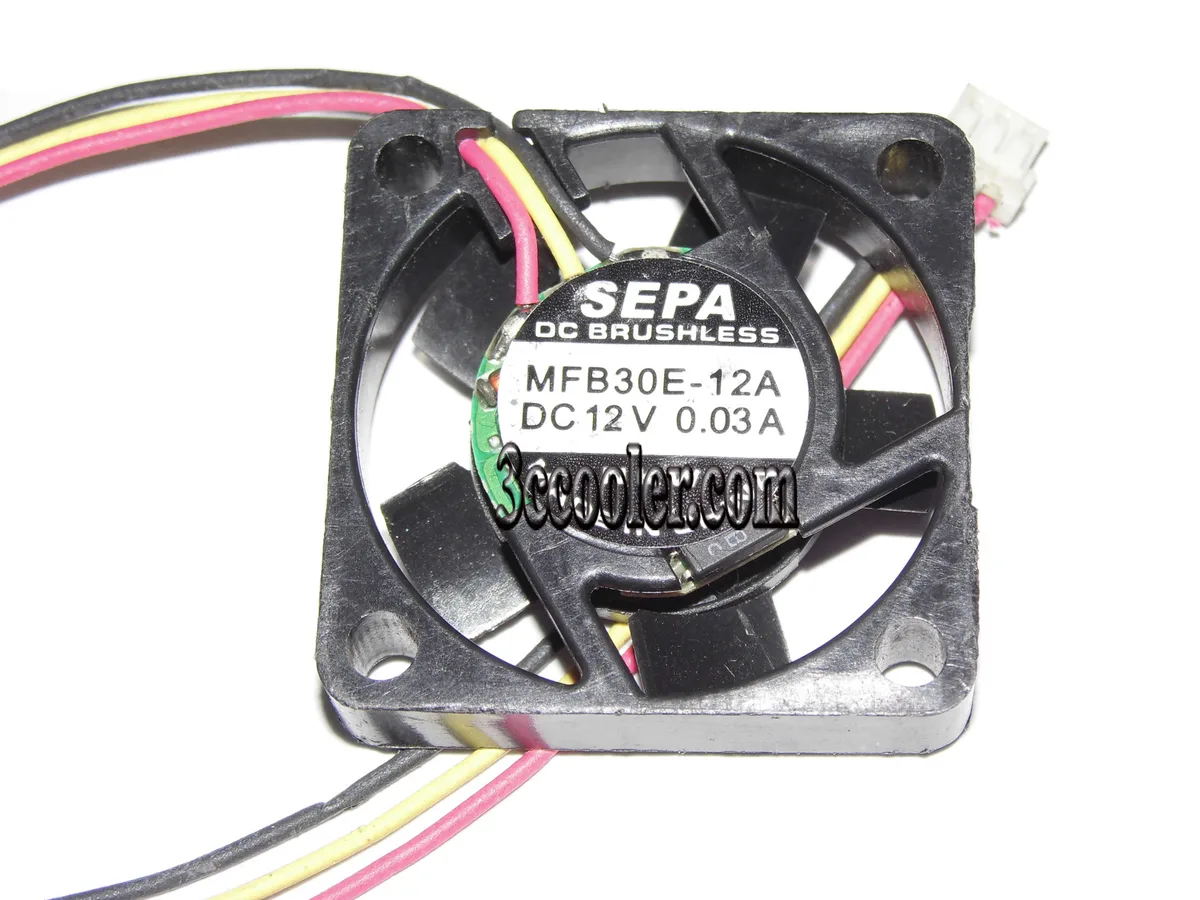 Small black 30mm square micro fan with three wires and a three-pin connector