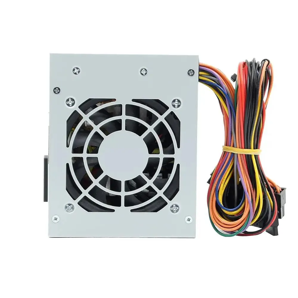 Compact silver ITX power supply unit with fan grille visible