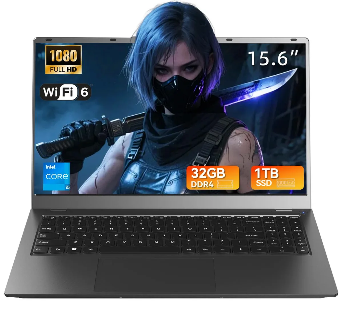 Gray metal gaming laptop with 15.6 inch IPS screen and backlit keyboard