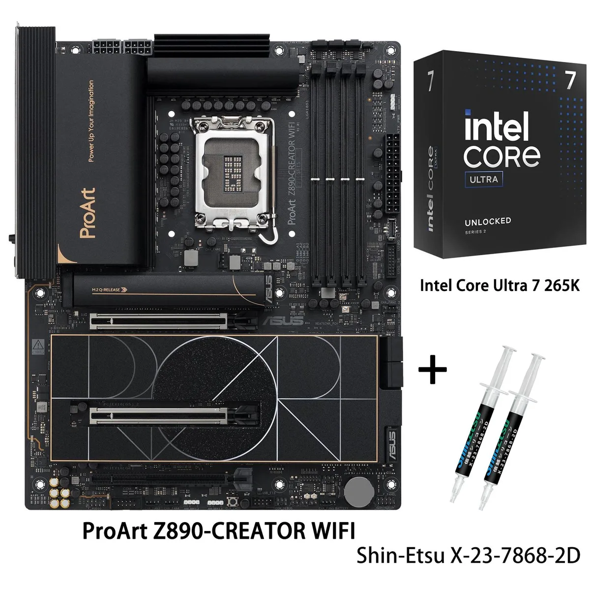ATX motherboard in dark finish with silver heatsinks and a boxed Intel Core Ultra 7 265K processor