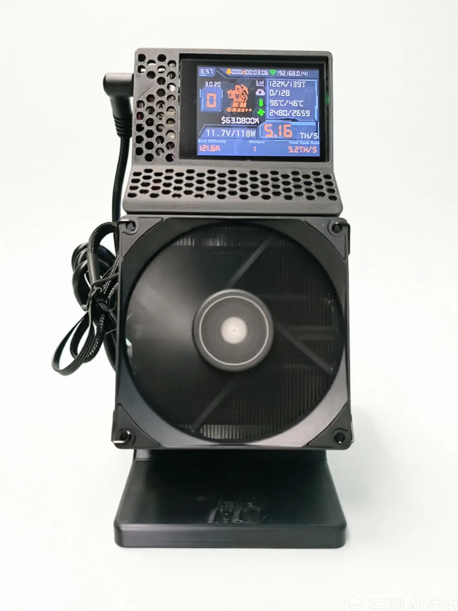 Black rectangular desktop miner with 1.9-inch colour touchscreen and dual RGB fans