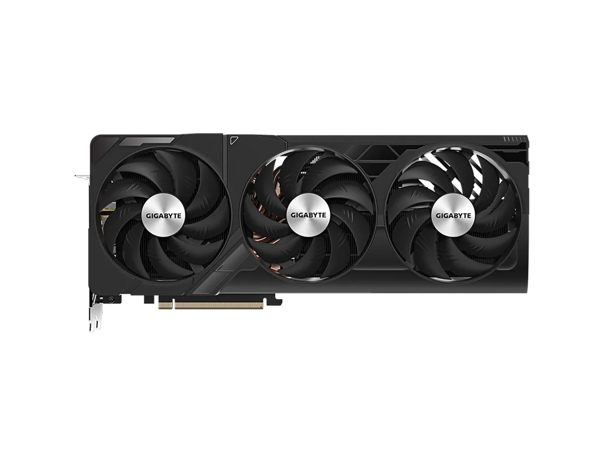 Large black graphics card with three axial fans and a metal backplate