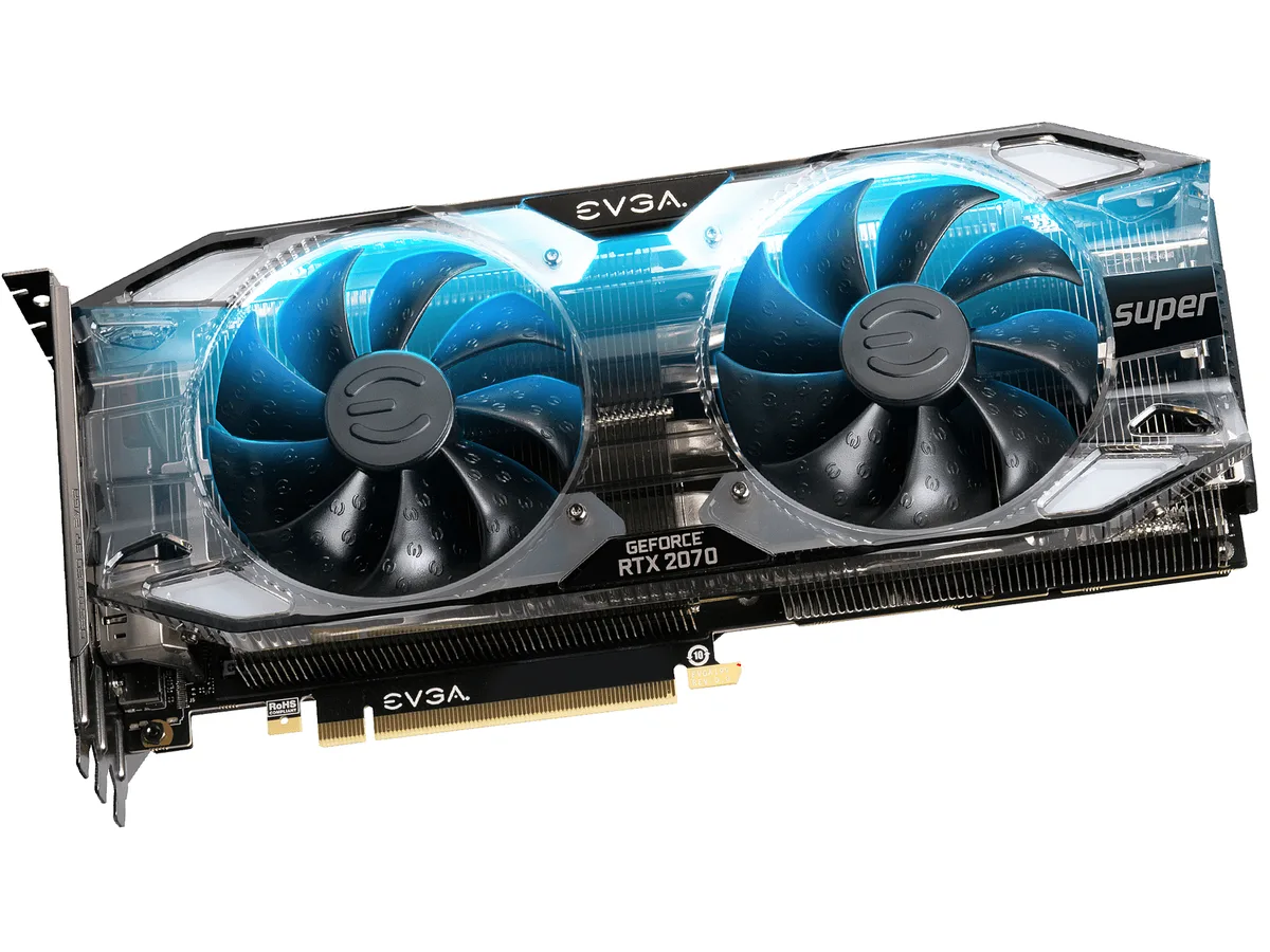 Black EVGA GeForce RTX 2070 SUPER graphics card with dual fans, metal backplate and RGB lighting
