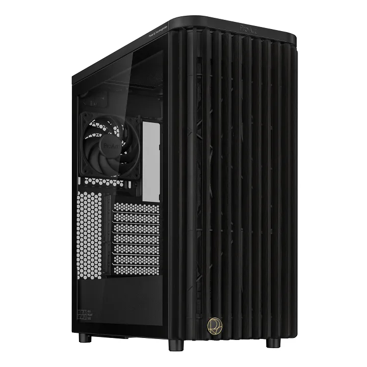 Black mid-tower case with wooden front panel and tempered glass side