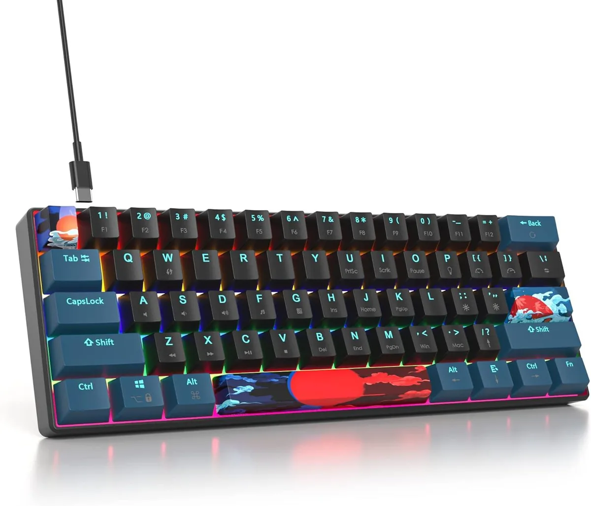 Compact 60 percent mechanical keyboard with 61 keys in black finish and red switches