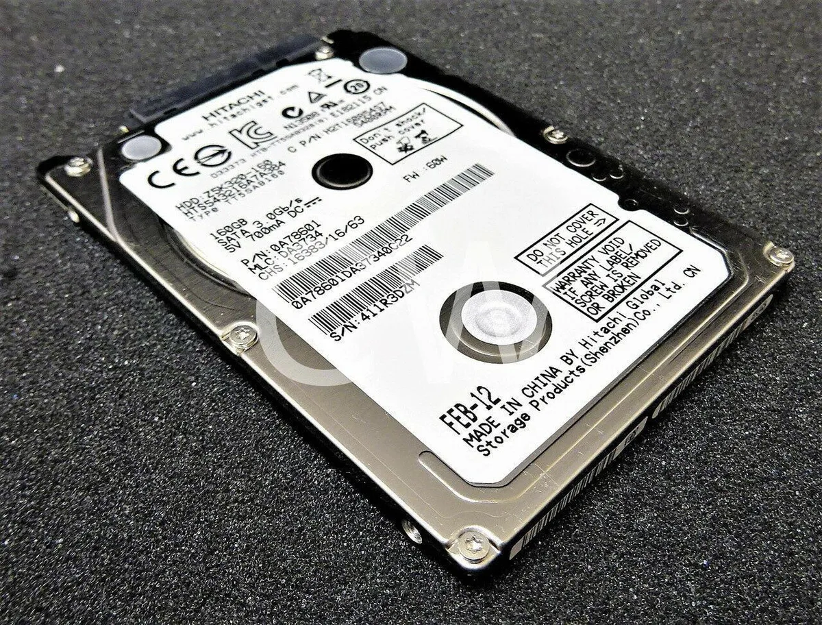 Silver rectangular 2.5 inch SATA hard drive with label showing model HTS543216A7A384 and 160GB capacity
