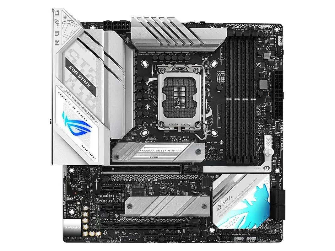 Micro ATX board in dark finish with reinforced PCIe slot and four DDR5 slots