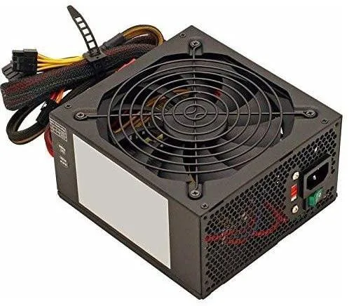 Rectangular silver metal server PSU with rear fan grille and handle