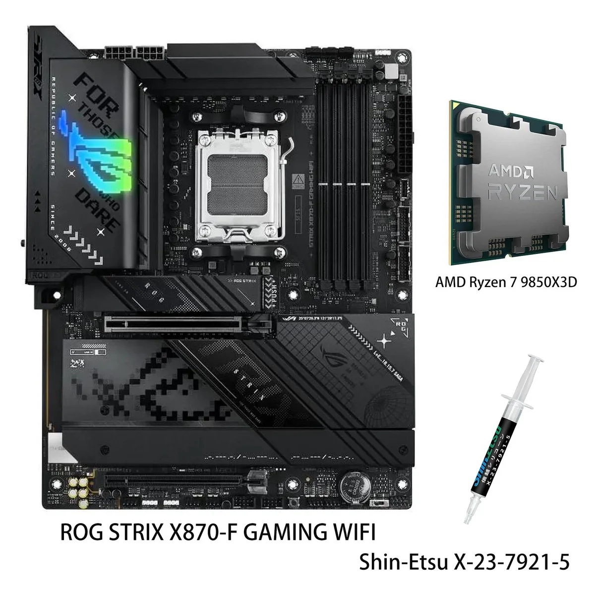 ASUS ROG STRIX X870-F motherboard with AMD Ryzen 7 9850X3D CPU in ATX form factor, dark finish with RGB lighting