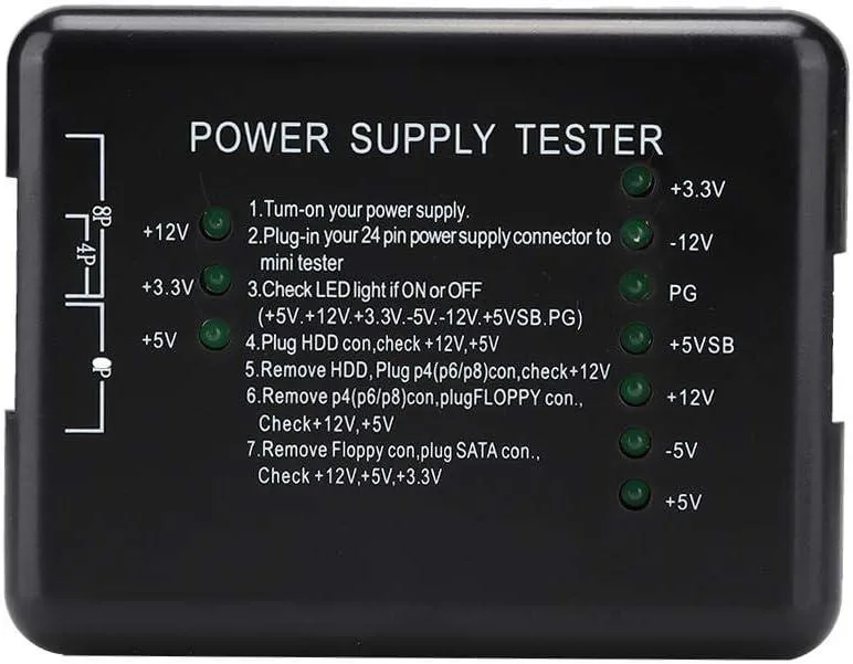 Compact black ABS power supply tester with 20/24-pin ATX, SATA, HDD and floppy connectors plus LED voltage indicators