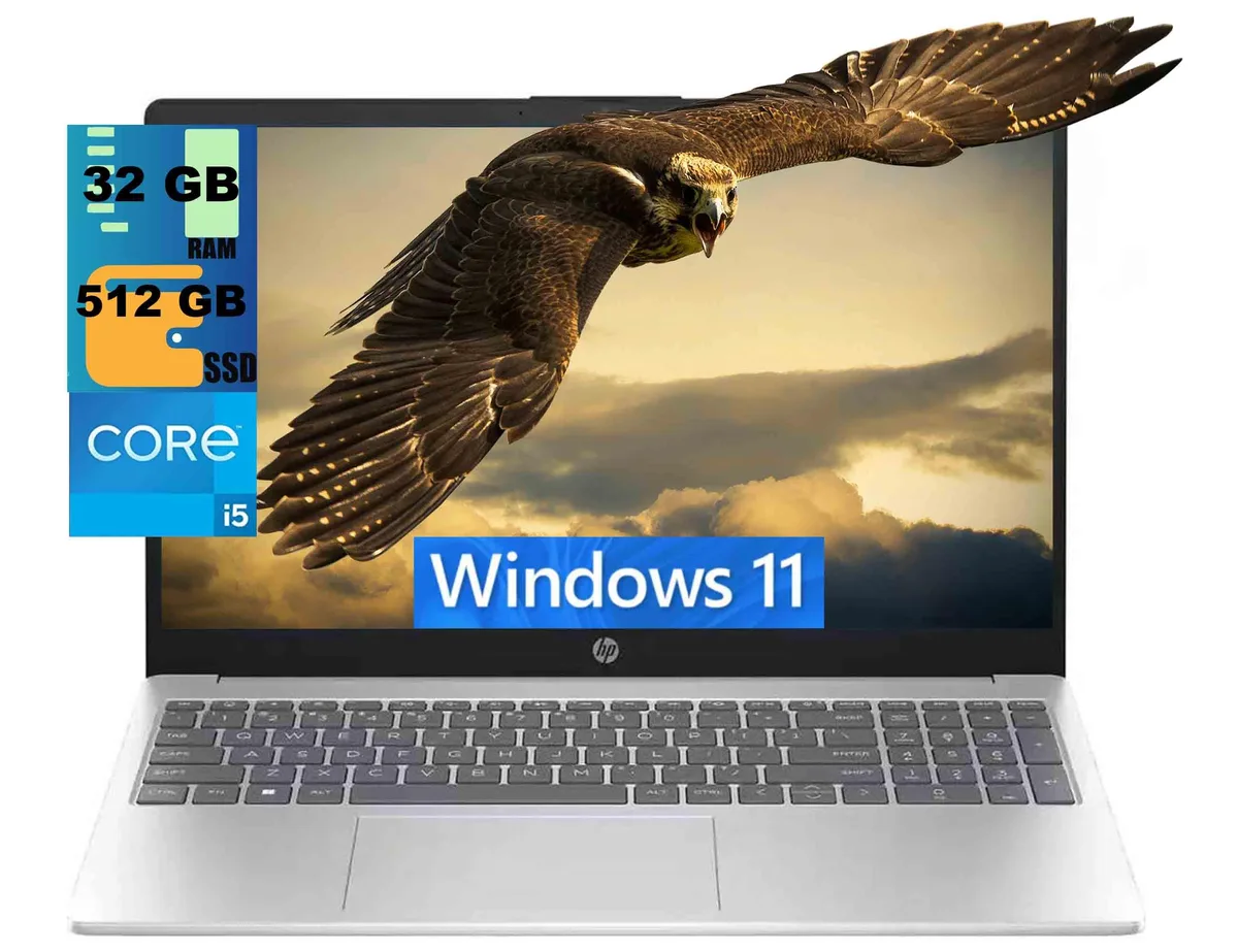 Silver HP 15 laptop, 15.6 inch non-touch FHD display, slim profile