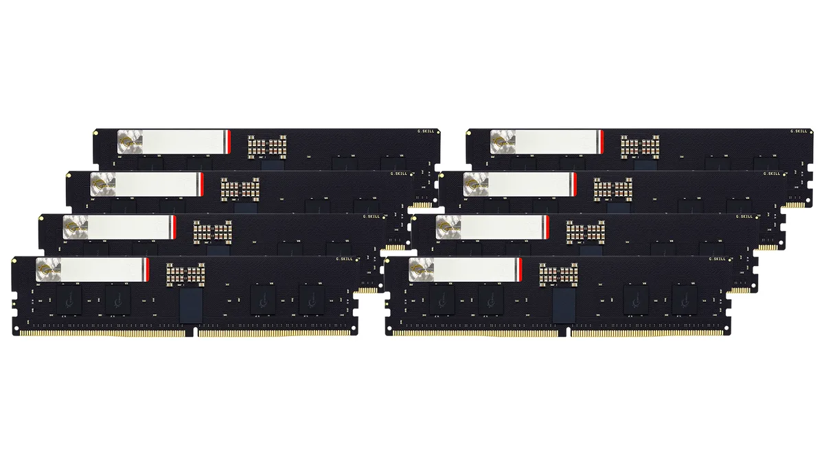 Eight bare green DDR5 RDIMM modules in a row