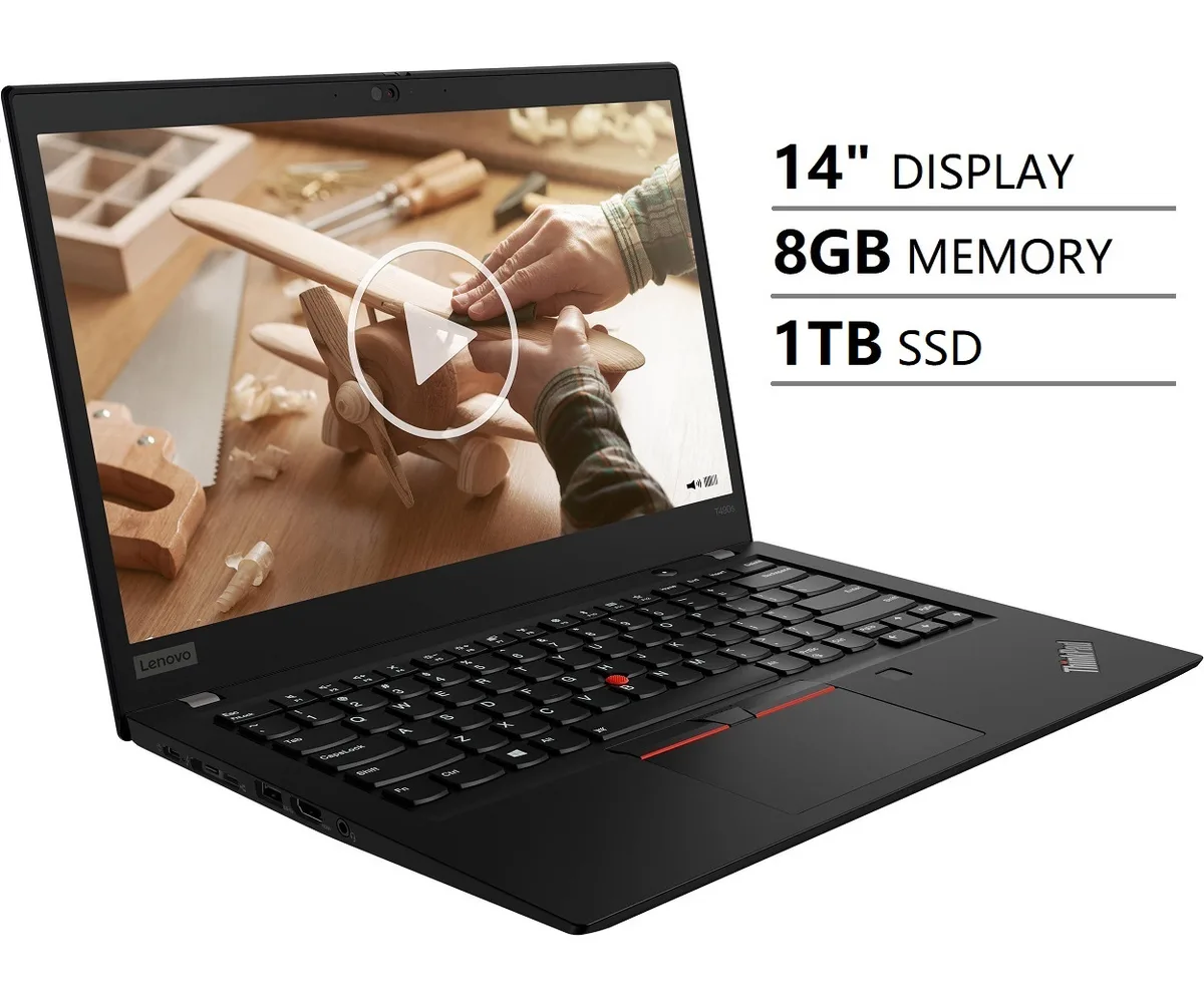 Black 14-inch ThinkPad T490s laptop with matte anti-glare display, closed lid showing carbon-fibre texture and silver logo