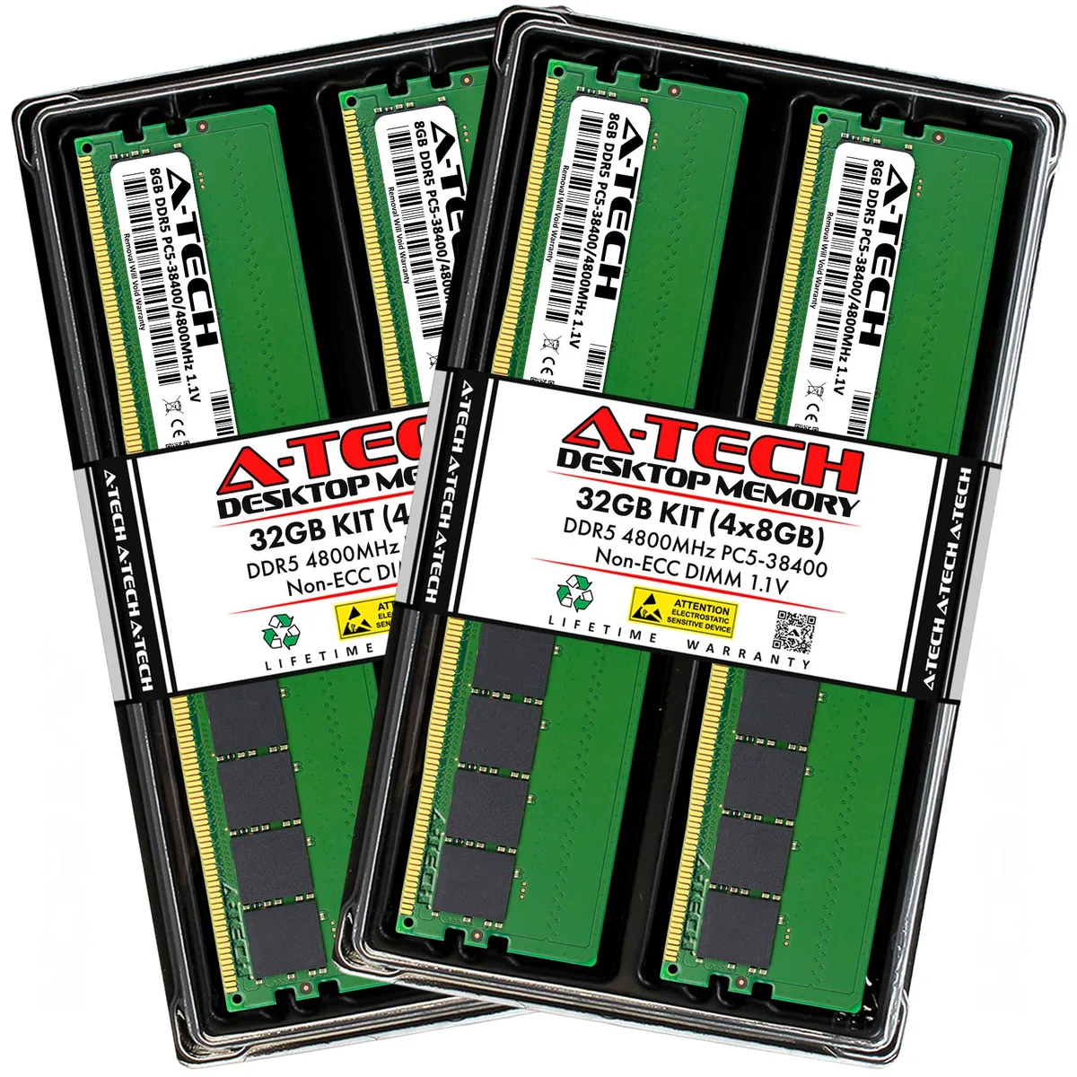 Four green DDR5 memory modules without heat spreaders