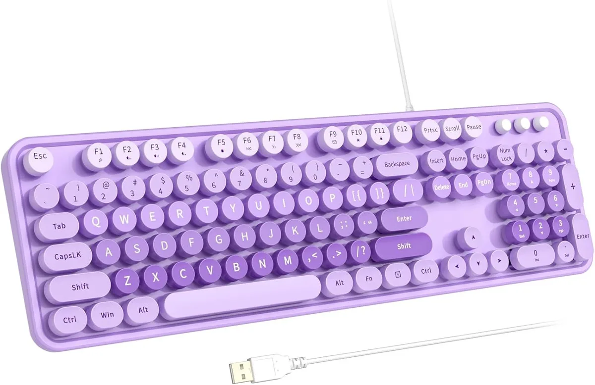 Purple full-size wired keyboard with oversized legends and fold-out stand