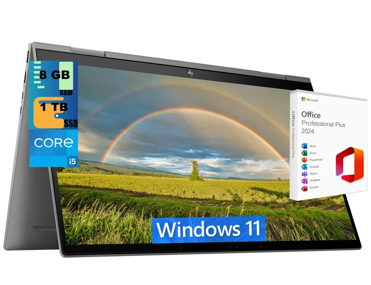 Silver convertible laptop with 15.6 inch touchscreen display and backlit keyboard