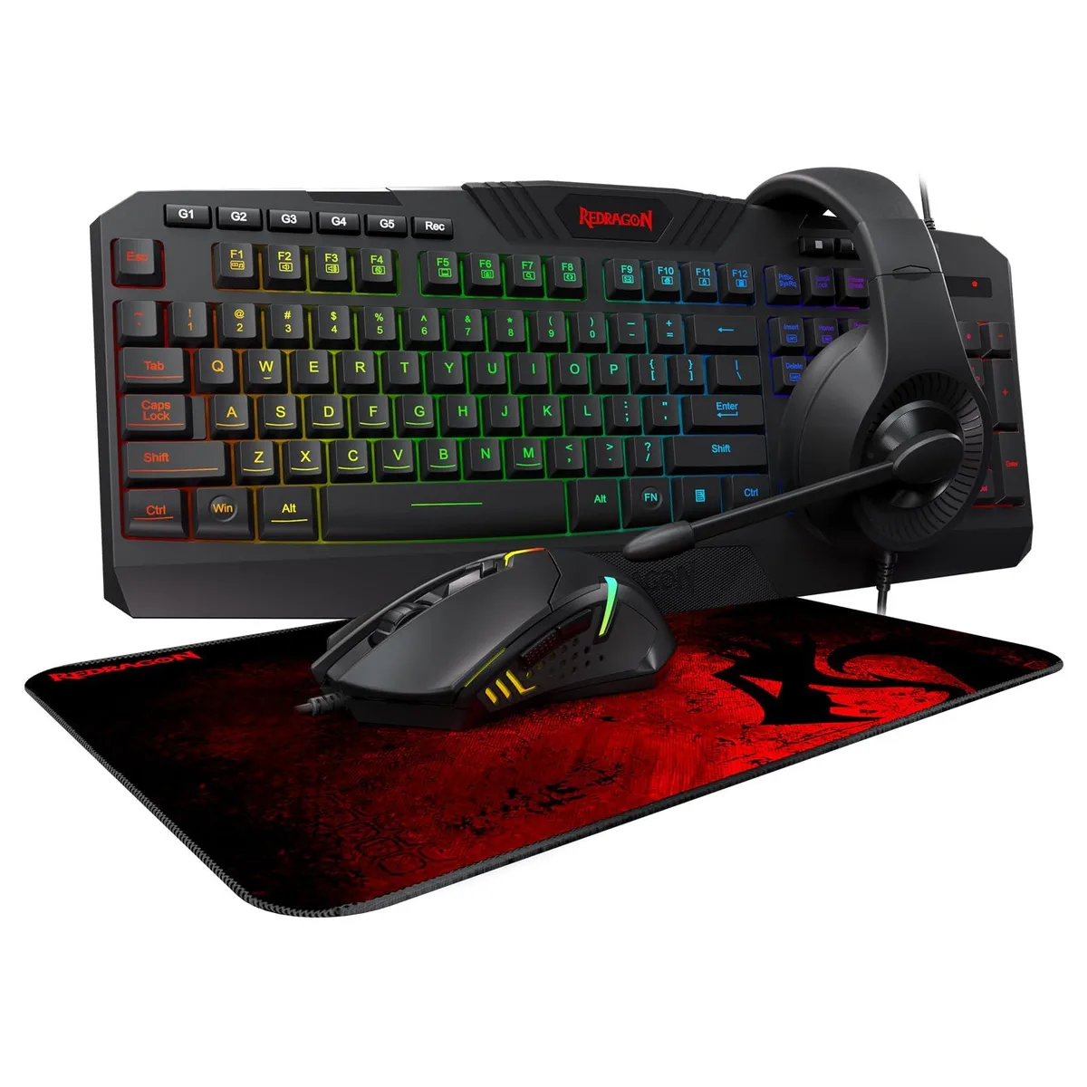 Black wired gaming keyboard, mouse, headset and mousepad bundle on desk