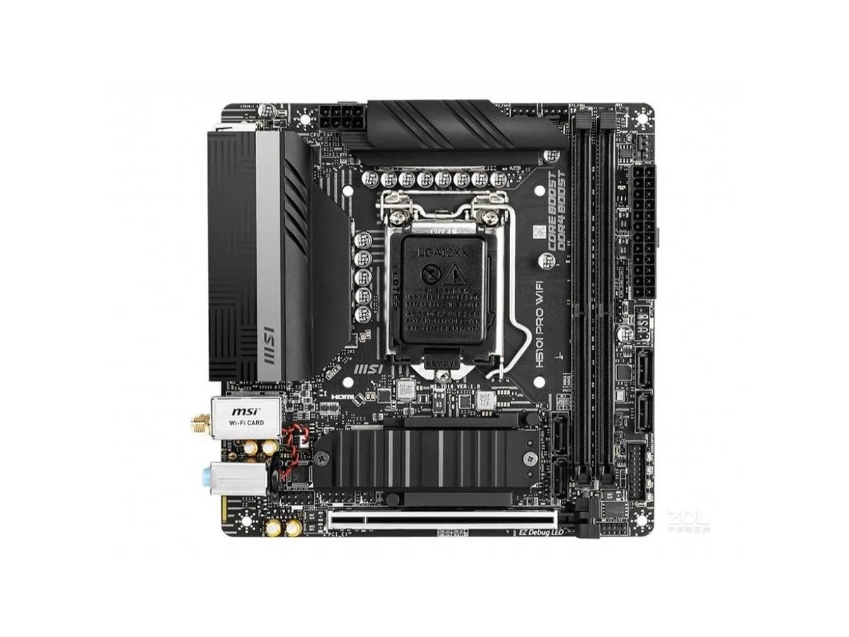 Green Mini-ITX board, silver CPU socket, black I/O shield, gold PCIe slot, two M.2 slots, antenna connectors