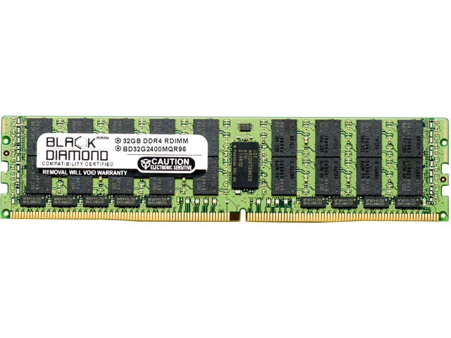 Green DDR4 server memory module with black heat spreader and gold contacts